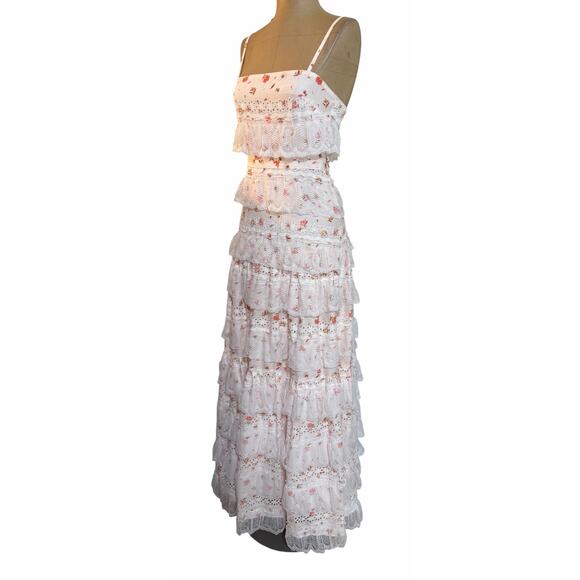 Anne Louise Boutique Maxi Dress Lovette Pink & Cream Floral Lace Tiered - Picture 10 of 12